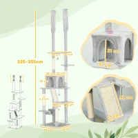 PawHut Albero Tiragraffi a Soffitto con Altezza Regolabile 225-255 cm con Casetta e Amaca, Grigio Chiaro(m-3)