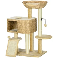 PawHut Kratzbaum Katzenbaum, 1 Katzenhöhle, 1 Katzbenbett, 1 Liegefläche, 1 Rampe, 60 cm x 40 cm x 98 cm, Natur + Beige(m-11)