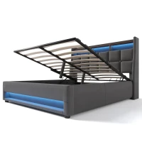 Vintage-Look King Bed with LED Lighting, Stylish Bed Frame with Gas-Lift Under-Bed Storage Space, 210L x 185W x 117H cm, Grey(m-12)