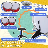 AIYAPLAY Set Batteria per Bambini da 5 Pezzi con Grancassa con Pedale, Tamburi, Piatto e Sgabello, Età 3-6 Anni, Rosso(m-4)