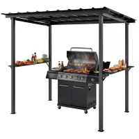 Outsunny Grillpavillon 2,71 x 1,82 m Gartenpavillon mit Pultdach, Seitenregalen UV-Schutz 50+ Schwarz(m-11)