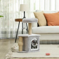 PawHut Arranhador para Gatos com Cama Caverna Plataforma Bola Suspensa e Poste de Juta 42x30x66 cm Cinza e Bege(m-10)