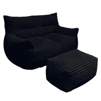 Oversized 2-Seater Corduroy Sofa with Ottoman, Comfortable Couch for Couples and Family, 100L x 135W x 75H cm, Black(m-2)