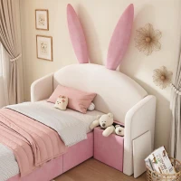 Bunny Ears Children's Bed with Hydraulic Storage, Adorable Bed for Girls Bedrooms, 206L x 149W x 143H cm, Beige+Pink(m-9)