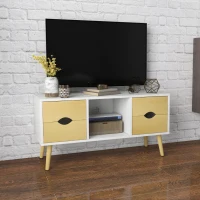 HOMCOM Meuble TV jusqu'à 40 pouces pieds en bois massif 4 tiroirs 1 niche centrale 90 x 30 x 46 cm naturel blanc(m-2)