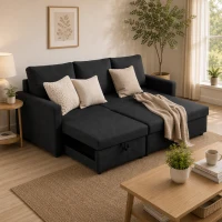 HOMCOM Divano Letto Angolare Effetto Lino con Vano Portaoggetti a Scomparsa, 192x148x86 cm, Grigio Antracite(m-10)