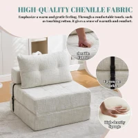 Cozy Convertible Floor Sofa Bed with Button-Tufted Detailing, Soft Chenille Folding Sleeper Couch for Living Room, 180L x 79W x 57H cm, Beige(m-4)
