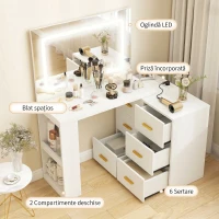 HOMCOM Toaletă pentru Cameră cu Oglindă și Lumini LED Reglabile, 6 Sertare, 2 Rafturi și Prize Electrice, Alb(m-4)