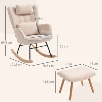 HOMCOM Schaukelstuhl mit Fußhocker, weicher Fleece-Bezug, Holzbeine, Kissen, hohe Rückenlehne, Schaukelsessel, Beige(m-3)