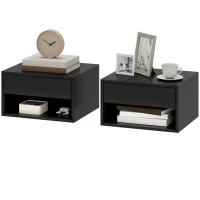 HOMCOM Lot de 2 tables de chevet murales, tables de nuit, tiroir, compartiment ouvert, plateau, 37 x 32 x 21 cm, noir(m-12)