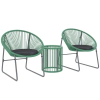 Outsunny 3-teiliges Outdoor-Möbelset, 1 Tisch, 2 Stühle, Glastischplatte, Kunststoff-Rattan um Stahlrahmen, weiche Kissen, Grün(m-11)