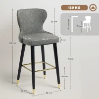 HOMCOM Bar Stools Set of 2, PU Leather Barstools with Back, Footrest and Wood Legs for Kitchen, Counter, Breakfast Bar, Grey(m-3)
