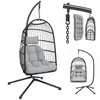 Outsunny Hängesessel mit Gestell faltbar Polyrattan Hängekorb mit Kissen Sicherheitsgurt Kopfstütze Bänder, höhenverstellbar(m-12)