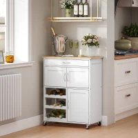 HOMCOM Carrinho de Cozinha com Rodas Carrinho de Cozinha com Gaveta 2 Armários de Armazenamento e 3 Prateleiras Abertas para 9 Garrafas para Sala de Jantar 67x37x87cm Branco(m-10)