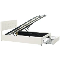 HOMCOM 4ft6 Double Ottoman Bed Frame, with Front Drawer - Cream(m-12)