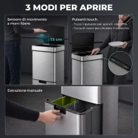 HOMCOM Pattumiera 72L a 3 Scomparti con Sensore Infrarossi e Apertura Automatica, in Acciaio e ABS, 42x30x81 cm(m-4)