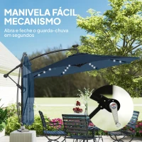 Outsunny Chapéu de Sol Excêntrico com Luzes LED Solares Ø345 cm Base Cruzada Manivela Capa Protetora Azul(m-9)