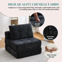 Cozy Convertible Floor Sofa Bed with Button-Tufted Detailing, Soft Chenille Folding Sleeper Couch for Living Room, 180L x 79W x 57H cm, Black(m-4)