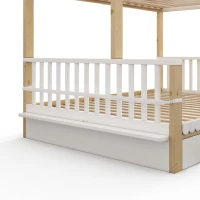 Playful Wooden Bunk Bed Frame with Storage Drawers, Solid Pine Twin Over Full Sleeper Bed for Kids Room, 195L x 140W x 154H cm, Natural+White(m-11)