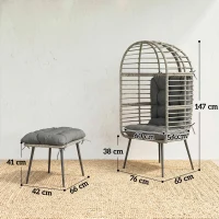 Outsunny Garden Egg Chair with Footstool, Rattan Indoor Outdoor Lounge Chair and Ottoman Set with Thick Cushions, Light Grey(m-3)