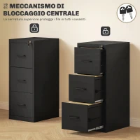 HOMCOM Schedario Portadocumenti Minimal a 3 Cassetti con Barra Regolabile, in Acciaio, 36.5x46.2x99 cm, Nero(m-4)