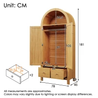 Country-Style Rattan Wardrobe with Semi-Circular Storage Area, Stylish Storage Cabinet for Bedrooms and Entryways, 78L x 45W x 181H cm, Oak(m-3)