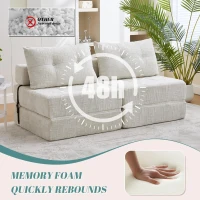 Cozy Convertible Floor Sofa Bed with Button-Tufted Detailing, Soft Chenille Folding Sleeper Couch for Living Room, 180L x 79W x 57H cm, Beige(m-6)
