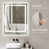 kleankin Espelho de Casa de Banho com Luzes LED 60x80 cm 3 Cores de Luz Brilho Ajustável Prateleira de Vidro Função de Memória Prata(m-4)