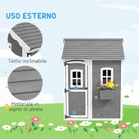 Outsunny Casetta per Bambini 3-8 Anni con 6 Finestre e Fioriera, in Legno di Abete, 104.5x110x137 cm, Grigia(m-5)