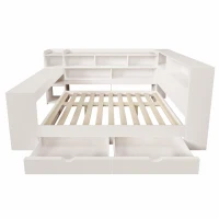 4ft6 Double Daybed with Built-In Desk and Storage Drawers, Modern Wooden Frame Sleeper Bed for Home Office, 263L x 159W x 100H cm, White(m-13)