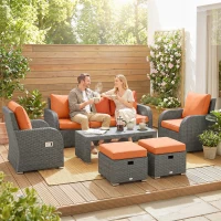 Outsunny Six-piece Outdoor Rattan Dining Set, Outdoor Sofa Set with Reclining Armchairs and Mental Frame, Orange(m-9)