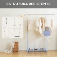 HOMCOM Charriot com Rodas com Barra de Aço Inoxidável e Prateleira para Sapatos Altura Ajustável 94-159x42x93-168 cm Azul(m-6)