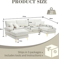 Modern U-Shaped Sectional Sofa with Double Chaise Lounge, Soft Chenille Modular Couch for Living Room, 272L x 136W x 88H cm, Beige(m-3)