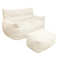 Oversized 2-Seater Corduroy Sofa with Ottoman, Comfortable Couch for Couples and Family, 100L x 135W x 75H cm, White(m-2)
