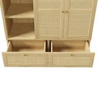 Rustic Oak Rattan Wardrobe with Clothes Rail and 2 Drawers, Wooden Armoire Closet Cabinet for Bedroom, 120L x 50W x 180H cm, Oak(m-11)