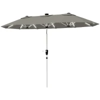 Outsunny 3 m Double-Sided Garden Parasol with LED Solar Lights, Tilt, Outdoor Extra Large Sun Umbrella with Crank Handle, Grey(m-11)