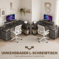 HOMCOM Schreibtisch in L-Form, umkehrbarer Eckschreibtisch mit Schubladen und Regalen, 170 cm, Schwarz(m-4)