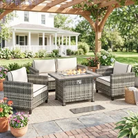 Outsunny 5-Piece Rattan Patio Furniture Set with Gas Fire Pit Table, Loveseat Sofa, Armchairs, Cushions, Pillows, Grey(m-2)