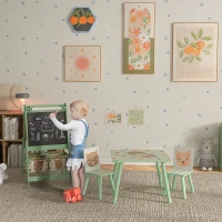 ZONEKIZ Kids Table and Chair Set and Kids Easel with Paper Roll, Storage Baskets, Kids Activity Furniture Set, Green(m-2)