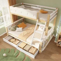 Playful Wooden Bunk Bed Frame with Storage Drawers, Solid Pine Twin Over Full Sleeper Bed for Kids Room, 195L x 140W x 154H cm, Natural+White(m-1)