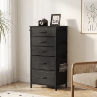 HOMCOM Chest of Drawers, Dresser with 5 Fabric Drawers, Tall Storage Unit with 4 Pockets and 2 Hooks, Steel Frame, Black(m-14)