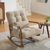 Cozy Rocking Chair with Adjustable Footrest and Side Pocket, Soft Corduroy Glider Armchair for Nursery, 92L x 80W x 70H cm, Khaki(m-1)