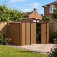 Outsunny 9 x 6ft Metal Garden Shed, Outdoor Storage Tool House with Ventilation Slots, Foundation Kit and Lockable Double Doors, Light Brown(m-2)