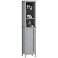 kleankin Bathroom Floor Storage Cabinet with 3 Tier Shelf and Cupboard with Door, Free Standing Linen Tower, Tall Slim Side Organizer Shelves, Grey(m-1)
