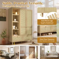 Rustic Oak Rattan Wardrobe with Clothes Rail and 2 Drawers, Wooden Armoire Closet Cabinet for Bedroom, 120L x 50W x 180H cm, Oak(m-5)