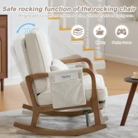Cozy Rocking Chair with Adjustable Footrest and Side Pocket, Soft Corduroy Glider Armchair for Nursery, 92L x 80W x 70H cm, Beige(m-8)