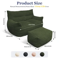 Oversized 2-Seater Corduroy Sofa with Ottoman, Comfortable Couch for Couples and Family, 100L x 135W x 75H cm, Green(m-3)