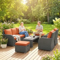 Outsunny Six-piece Outdoor Rattan Dining Set, Outdoor Sofa Set with Reclining Armchairs and Mental Frame, Orange(m-8)