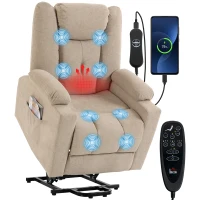 HOMCOM Fotoliu electric cu funcție de ridicare, masaj prin vibrații și funcție de încălzire, fotoliu relax cu aspect de catifea și tapițerie cu arcuri, Alb crem(m-7)