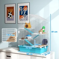 PawHut Gaiola para Hamster de 5 Níveis com Plataformas Comedouro Bebedouro Casa Rampa e Rodas de Exercícios 58x36x81 cm Azul Claro(m-3)